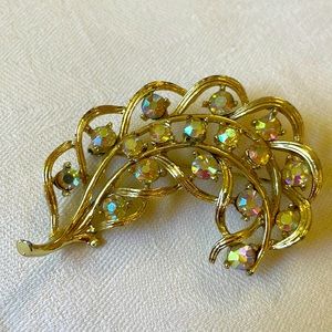 Gold tone Aurora borealis crystal rhinestones pin brooch